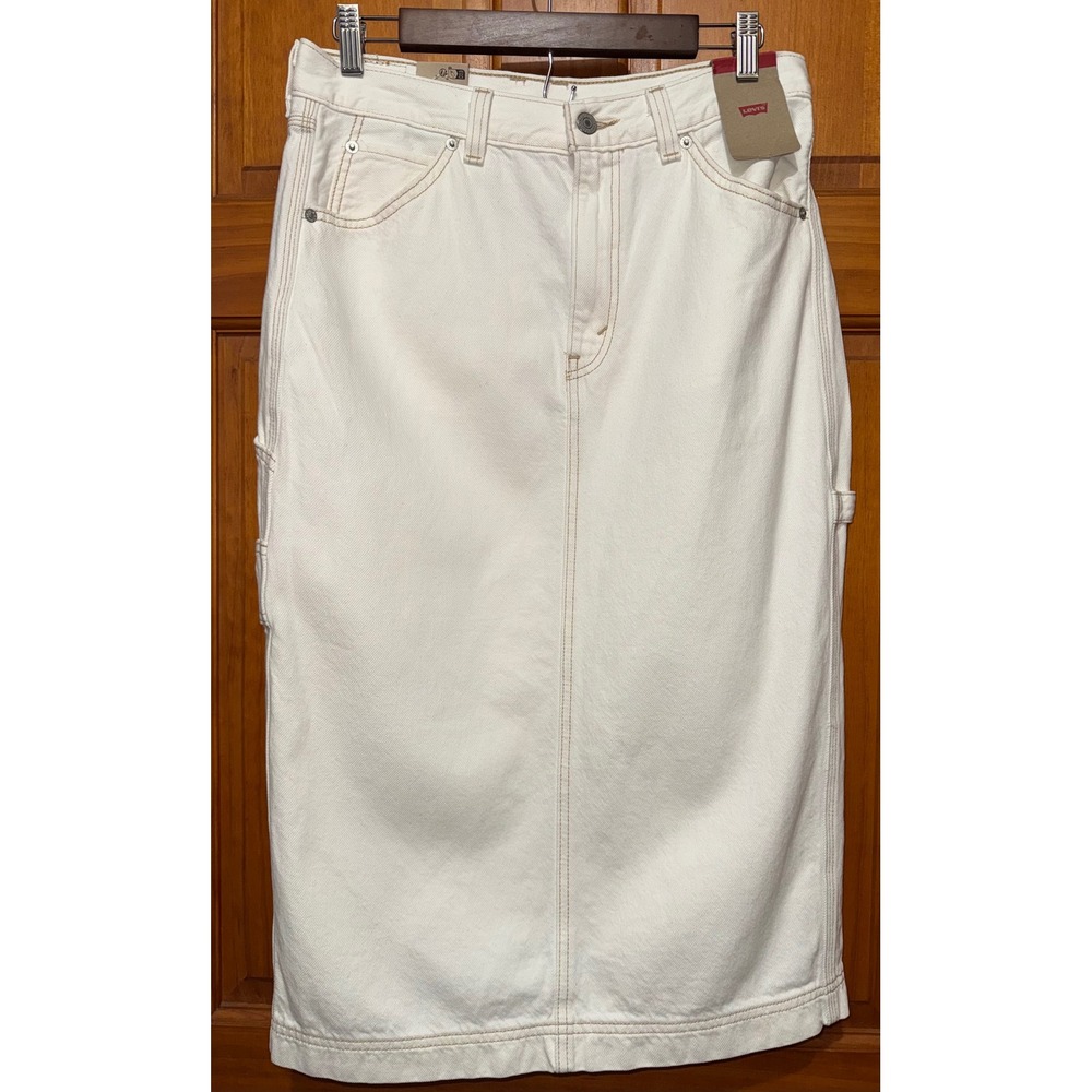 Levis Womens Carpenter Midi Skirt Off White Denim Utility Workwear 29 NWT